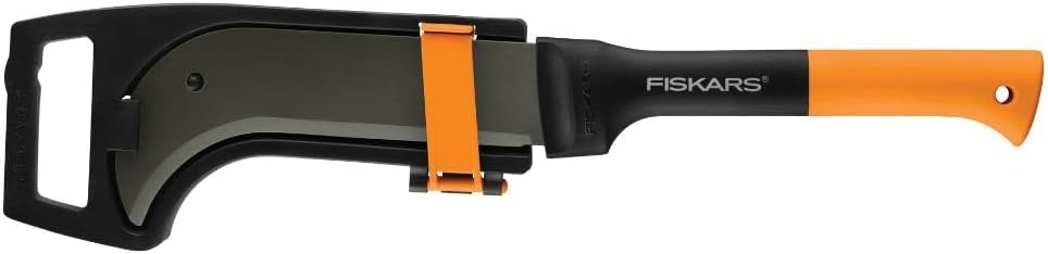 Fiskars 9″ Brush Axe with Safety Sheath – Fixed Handle -Curved Blade Branch Chopping Axe – Yard and Garden Tools – Black/Orange