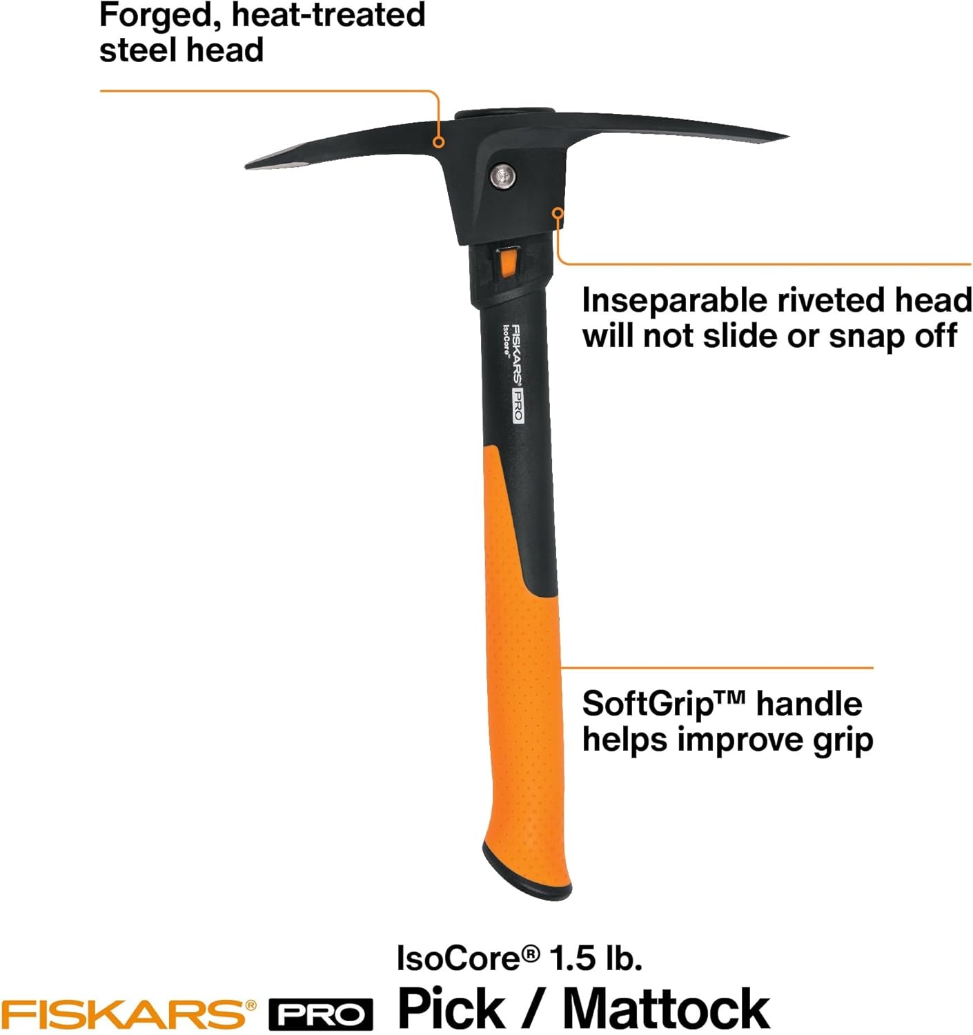Fiskars IsoCore Pickaxe Mattock with Shock-Absorbing Handle, Dual-Head Tool for Roots & Rocks, 1.5 lb(Pro IsoCore 1.5lb Pick/Mattock)
