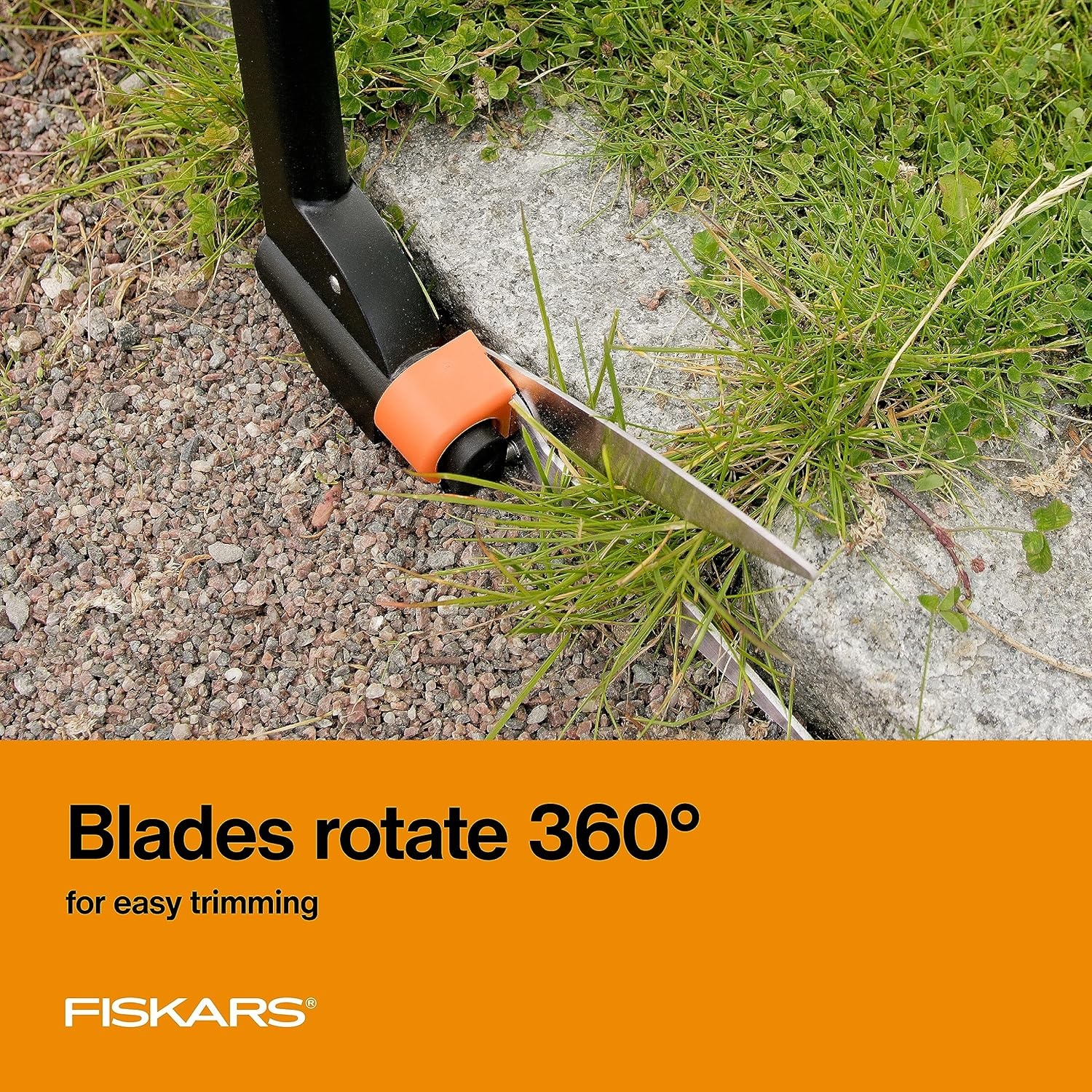 Fiskars Shear Ease Grass Shears – 5″ Stainless Steel Blades – 360-Degree Swivel Blade Plant Cutting Scissors – Garden Shears and Grass Cutter, Black(Long-Handled)