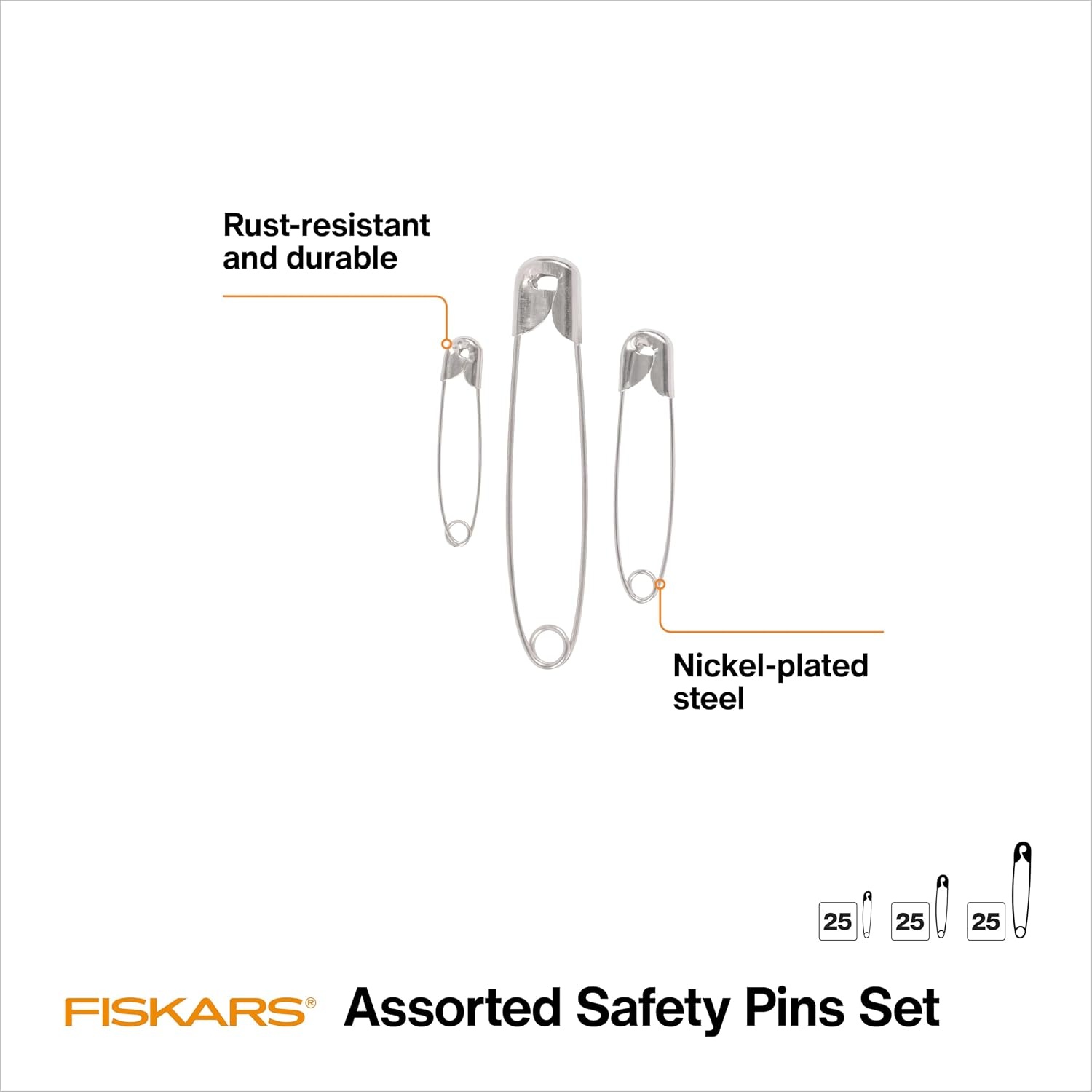 Fiskars Assorted Safety Pins – Assorted 3-Size Safety Pin Set – Sewing Accessories and Supplies – 75-Piece