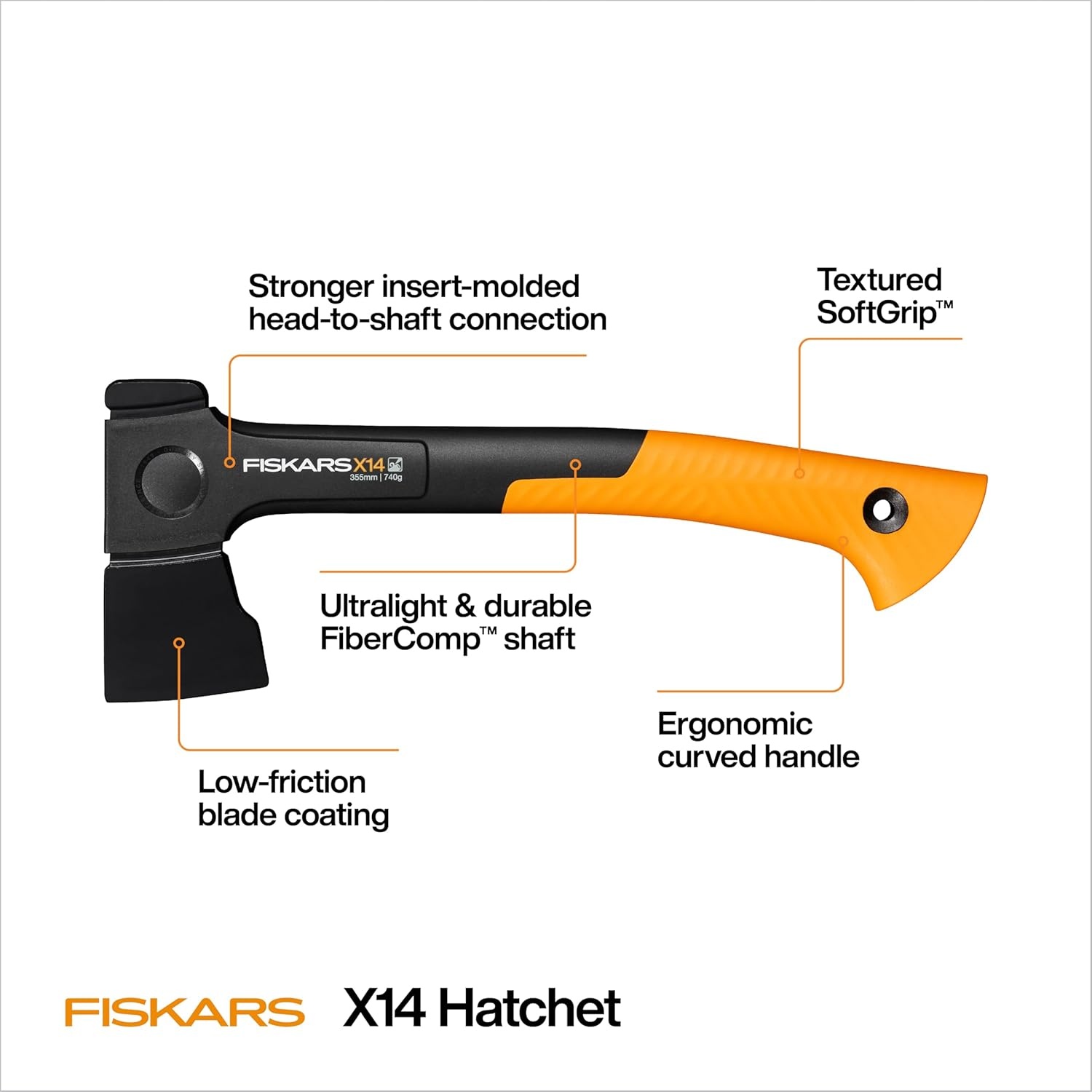 Fiskars X14 Universal 14″ Hatchet & Blade Sharpener Bundle, Forged Steel Blade for Limbing & Chopping Kindling, Curved FiberComp Handle & Low-Friction Coating for Clean Cuts in Fresh Resinous Wood