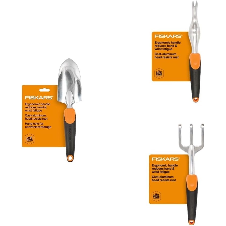 Bundle of Fiskars Trowel, for Digging and Planting + Ergo Weeder Tool for Weeding, Remove Weeds and Roots Like Dandelions and Thistles + Ergo Cultivator for Digging, Aerating Soil, and Weeding