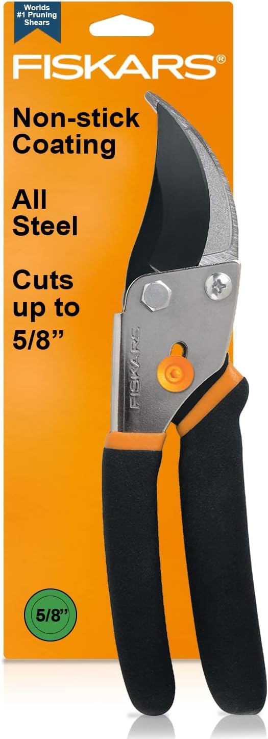 Bundle of Fiskars Bypass Pruning Shears, 5/8-Inch Cut Capacity + Trowel for Digging and Planting + Ergo Cultivator for Digging, Aerating Soil, and Weeding