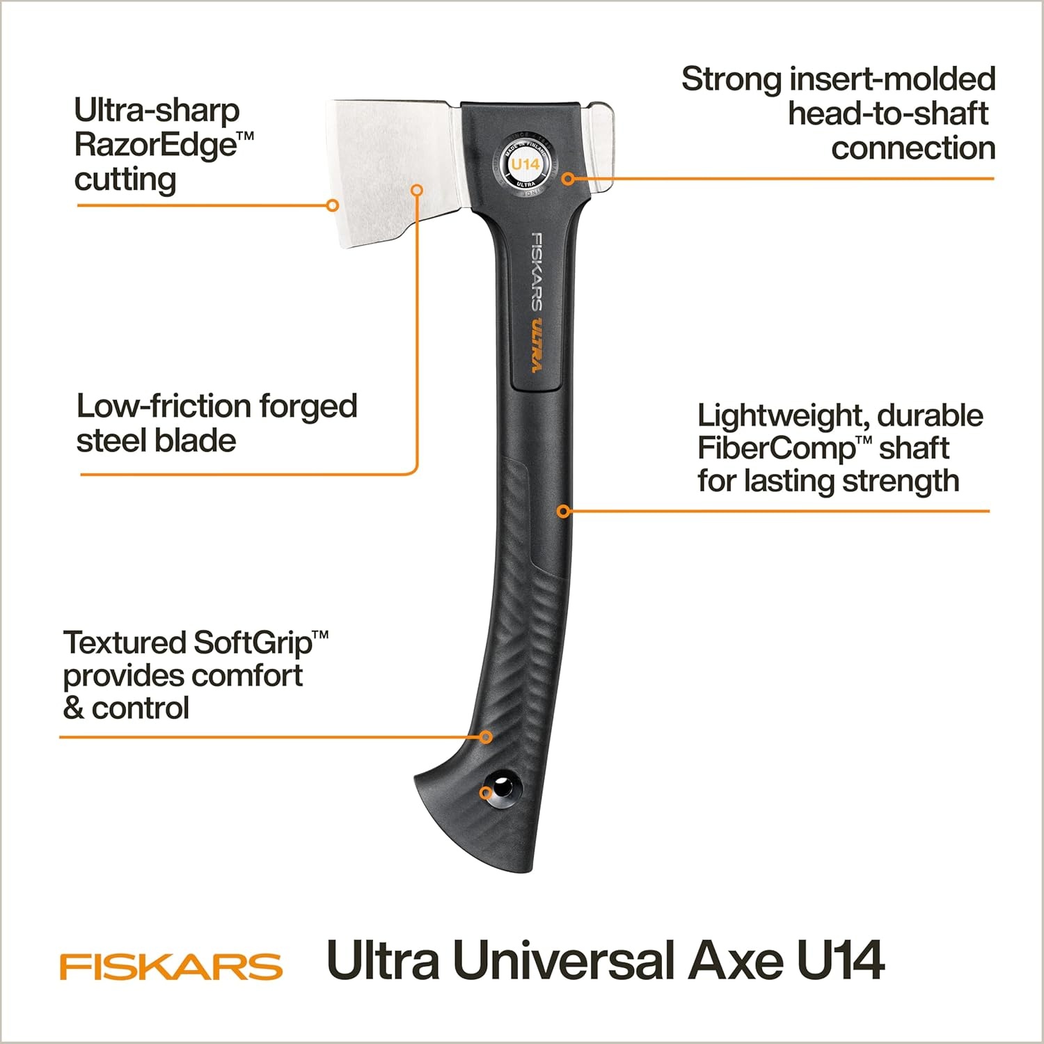 Fiskars Ultra Splitting Axe U32, Precision-Ground RazorEdge Double-Hardened Steel Blade Stays Sharp, Perfected Weight Balance & FiberComp Shaft for Large Log Splitting & Firewood, 32″, Black(14″ Universal Hatchet)