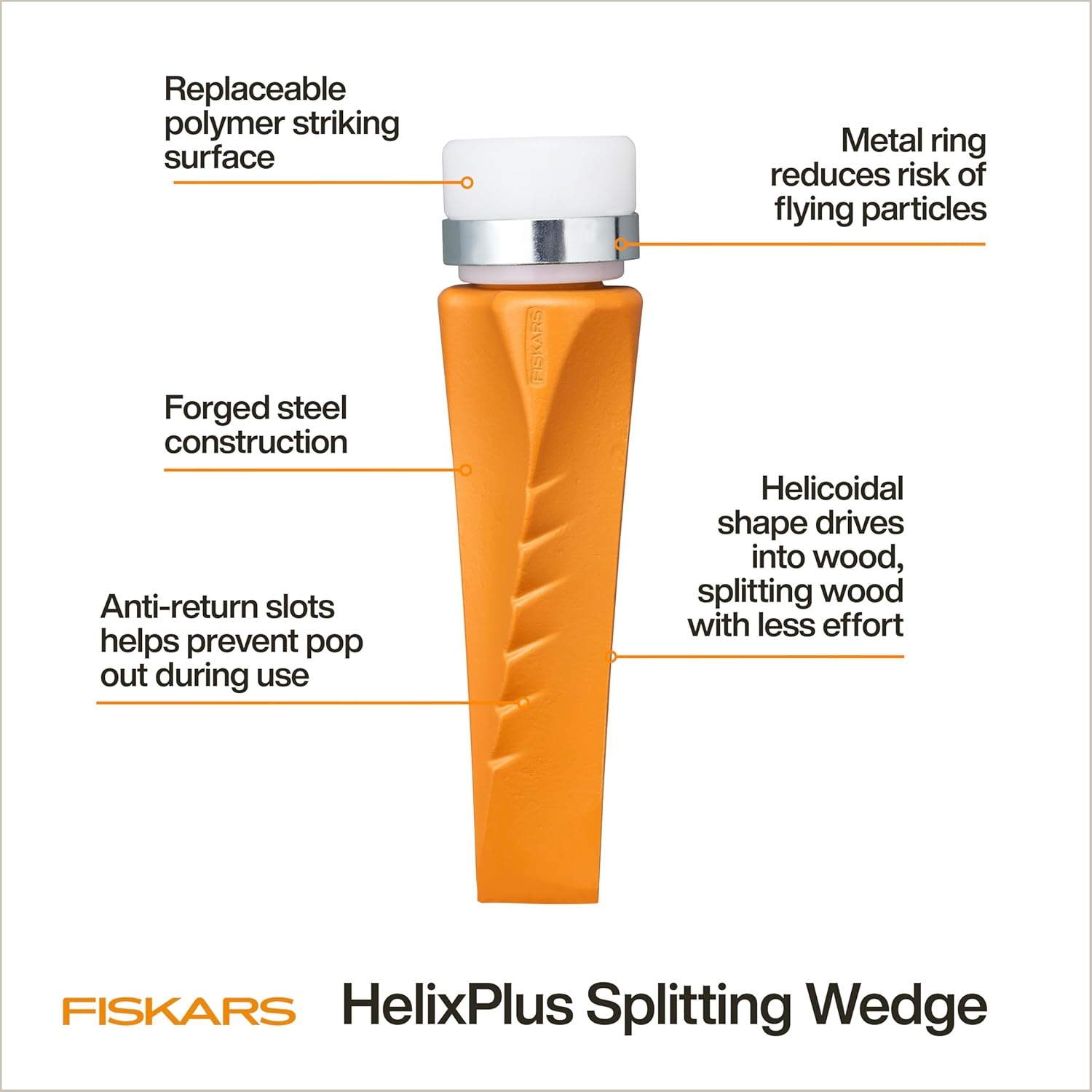 Fiskars HelixPlus Splitting Wedge for Large Logs – Forged Steel Wood Splitting Wedge with Spiral Design & Vibration-Dampening Striking Head, 2.5″ x 9.5″ x 2.5″(HelixPlus Wedge)