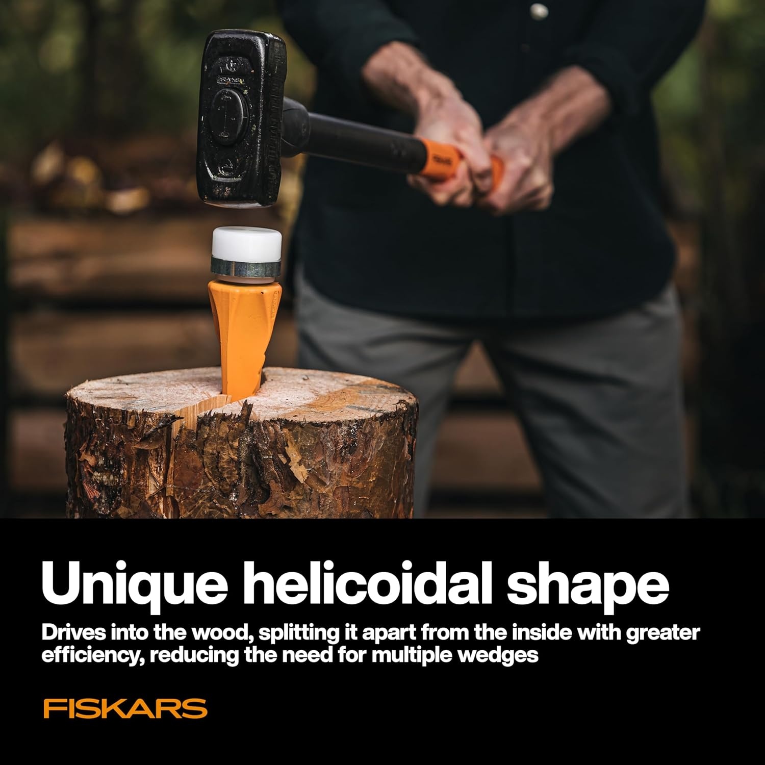 Fiskars HelixPlus Splitting Wedge for Large Logs – Forged Steel Wood Splitting Wedge with Spiral Design & Vibration-Dampening Striking Head, 2.5″ x 9.5″ x 2.5″(HelixPlus Wedge)